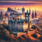 A majestic Scottish castle with the Edinburgh skyline at sunset