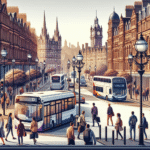 A scenic view of Edinburgh with buses and pedestrians on a bustling street, reflecting efficient city transport.