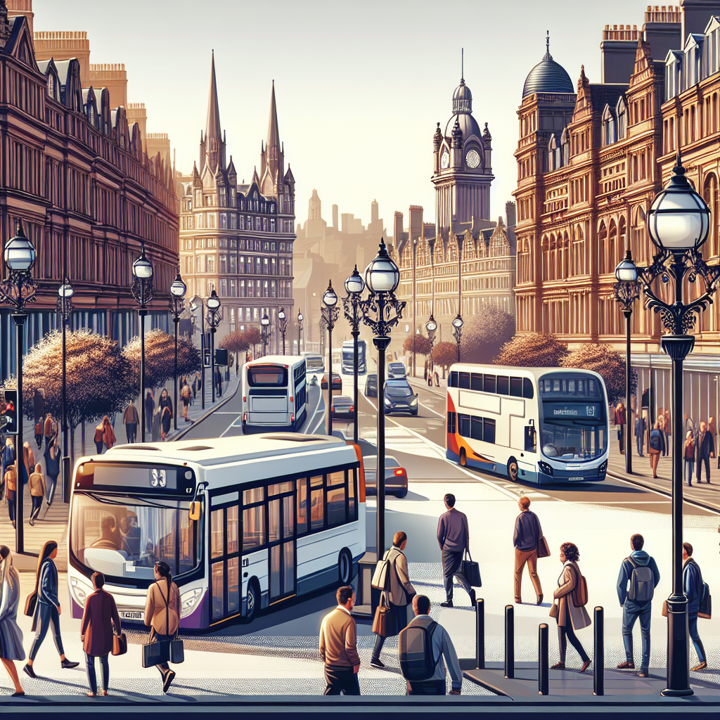 A scenic view of Edinburgh with buses and pedestrians on a bustling street, reflecting efficient city transport.