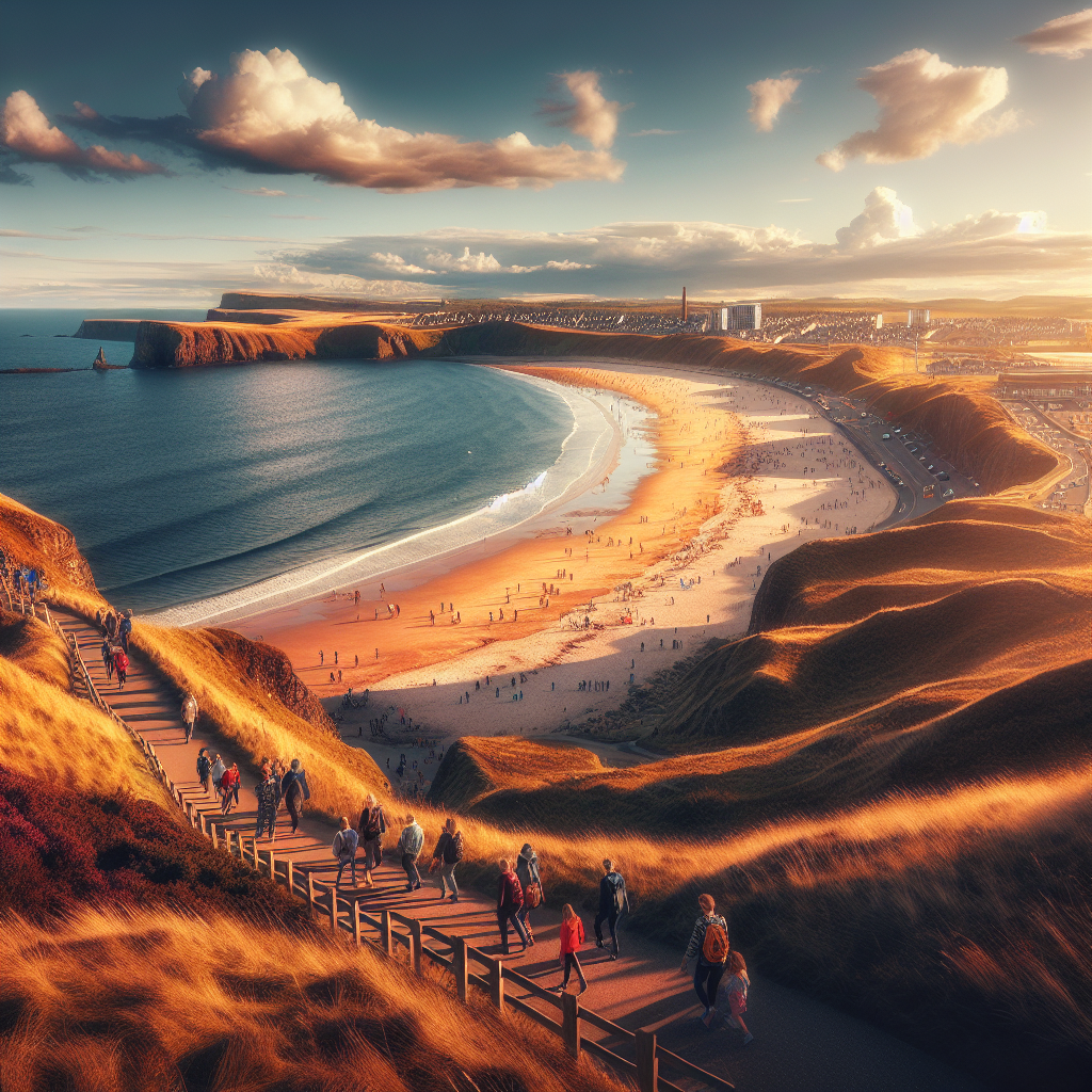 Panoramabilde av en kystlinje nær Edinburgh med sandstrand, klipper og blå himmel, turister som går på sti, varm kveldssol