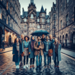 Oversiktsbilde av en guidet gåtur i Edinburgh: en lokal guide med paraply og gruppe, historiske steinbygninger, brosteinsgate og dempet kveldslys, varm og innbydende tone