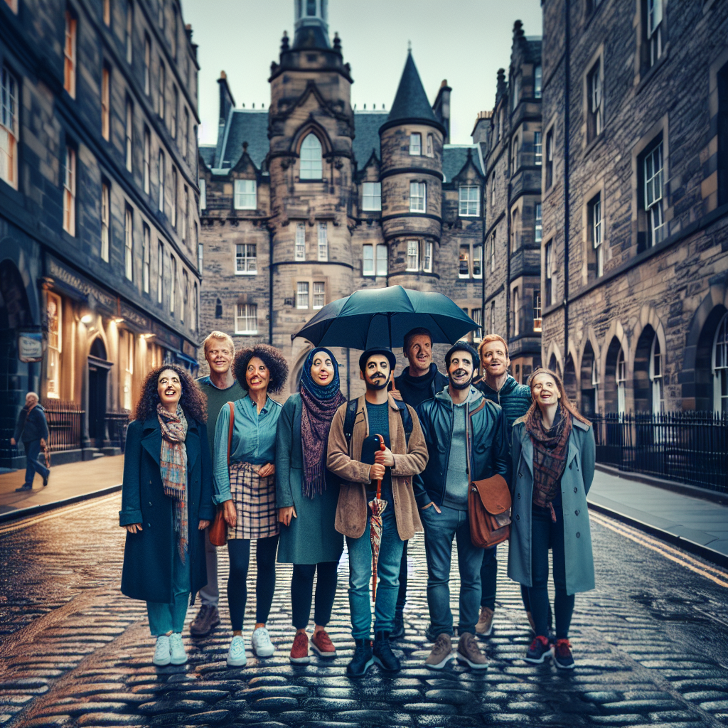 Oversiktsbilde av en guidet gåtur i Edinburgh: en lokal guide med paraply og gruppe, historiske steinbygninger, brosteinsgate og dempet kveldslys, varm og innbydende tone