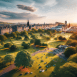Luftfoto av en grønn park i Edinburgh ved solnedgang med tydelig utsikt mot byens historiske silhuett, stier, trær og mennesker på piknik
