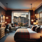 Stilfullt hotellrom i Edinburgh med klassisk og moderne skotsk innredning, utsikt mot gamlebyen og varmt kveldslys