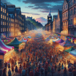 Fargerik gate i Edinburgh under en festival ved skumring, folkemengde, scener, bunting og slottet i bakgrunnen, levende atmosfære