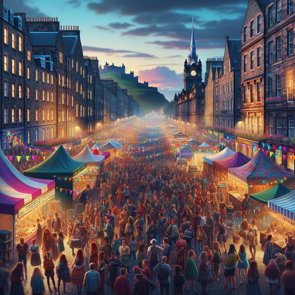 Fargerik gate i Edinburgh under en festival ved skumring, folkemengde, scener, bunting og slottet i bakgrunnen, levende atmosfære