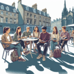 En gruppe studenter i Edinburgh som studerer utendørs ved en kafé, med historiske bygninger i bakgrunnen, naturlig lys og et moderne, vennlig uttrykk