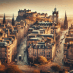 Oversiktsbilde av Edinburghs gamleby med slottet på en klar dag, brosteinsgater og historisk arkitektur i varme toner