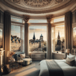 Oversiktsbilde av et elegant hotellrom i Edinburgh med utsikt mot georgiansk bylandskap, myk belysning, koselig seng og hint av historisk arkitektur i bakgrunnen.