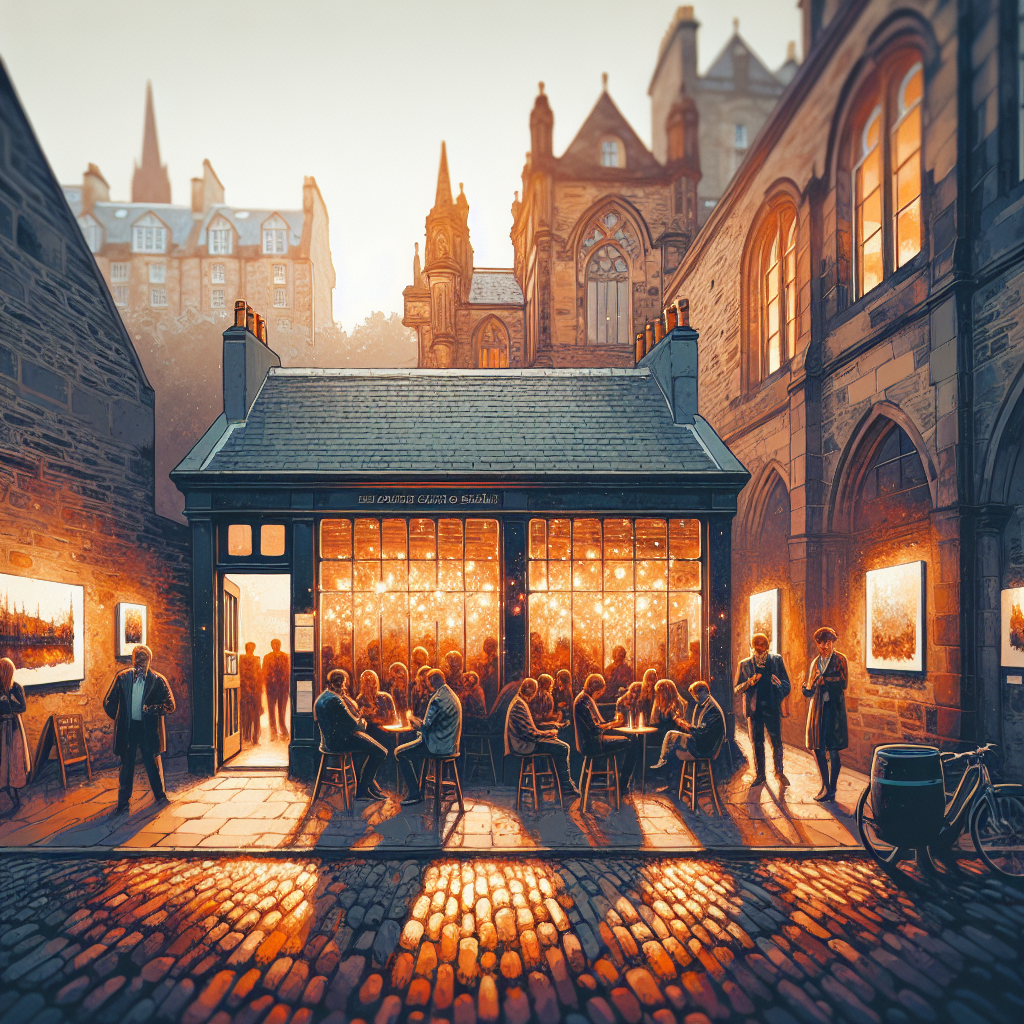 Stemningsfull bilde av en liten kunstscene i Edinburgh om kvelden: kompakt galleri, varm belysning, publikummere i samtale, historiske murvegger i bakgrunnen, urban kulturell atmosfære