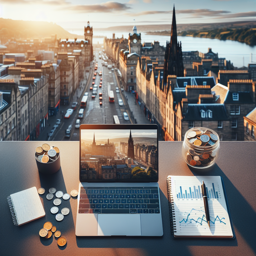 Oversiktsbilde av økonomi i Edinburgh: laptop, notatblokk, britiske mynter og Edinburghs skyline i bakgrunnen i mykt morgenlys