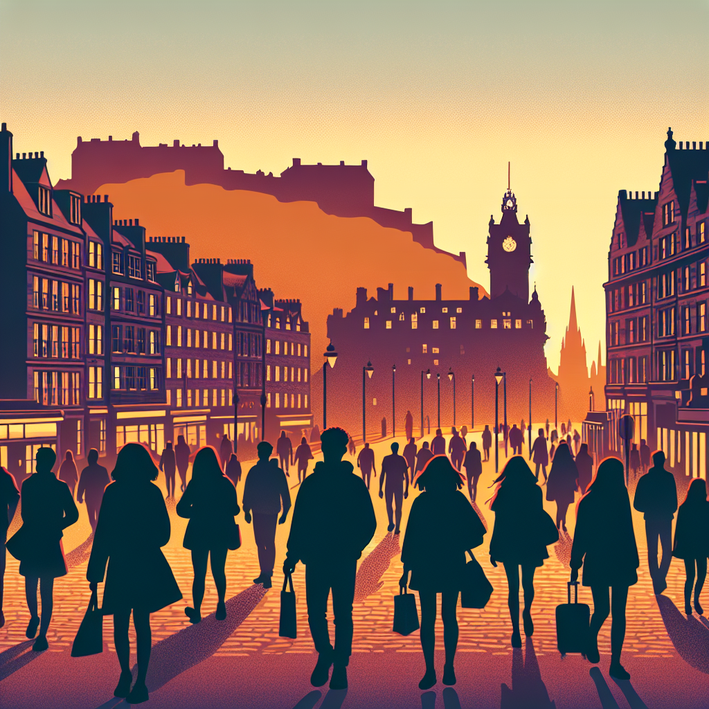 Panoramabilde av Edinburghs bylandskap ved skumring, med Edinburgh Castle i silhuett, brosteinsgater og mennesker som utforsker byen, varm og innbydende fargeskala