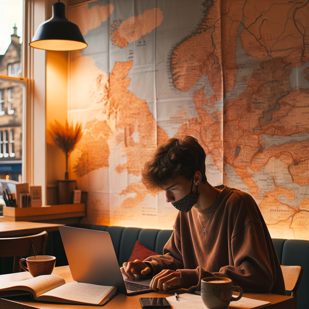 Ung student ved et koselig kafébord i Edinburgh med laptop, notatbok og et kart over byen i bakgrunnen, varm og fokusert atmosfære